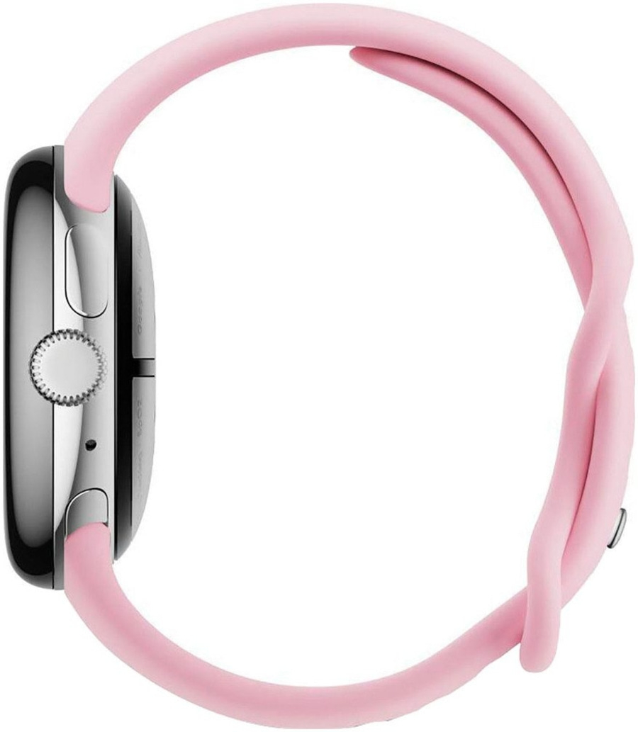 Apple Watch mit rosa Armband, Nahaufnahme, seitliche Ansicht, elegant