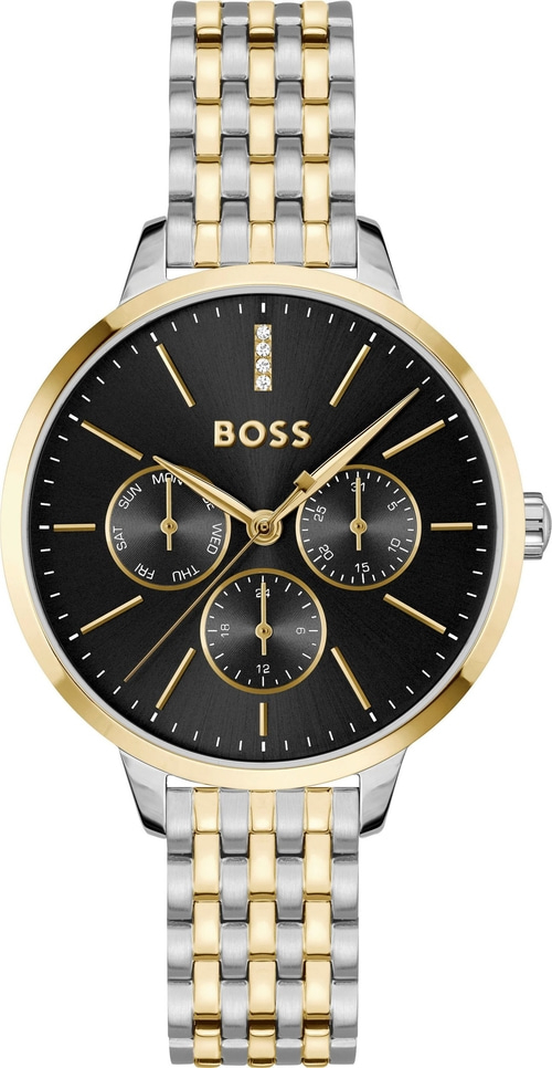 Eine Luxusuhr mit schwarzem Zifferblatt, Goldakzenten und einem zweifarbigen Armband.