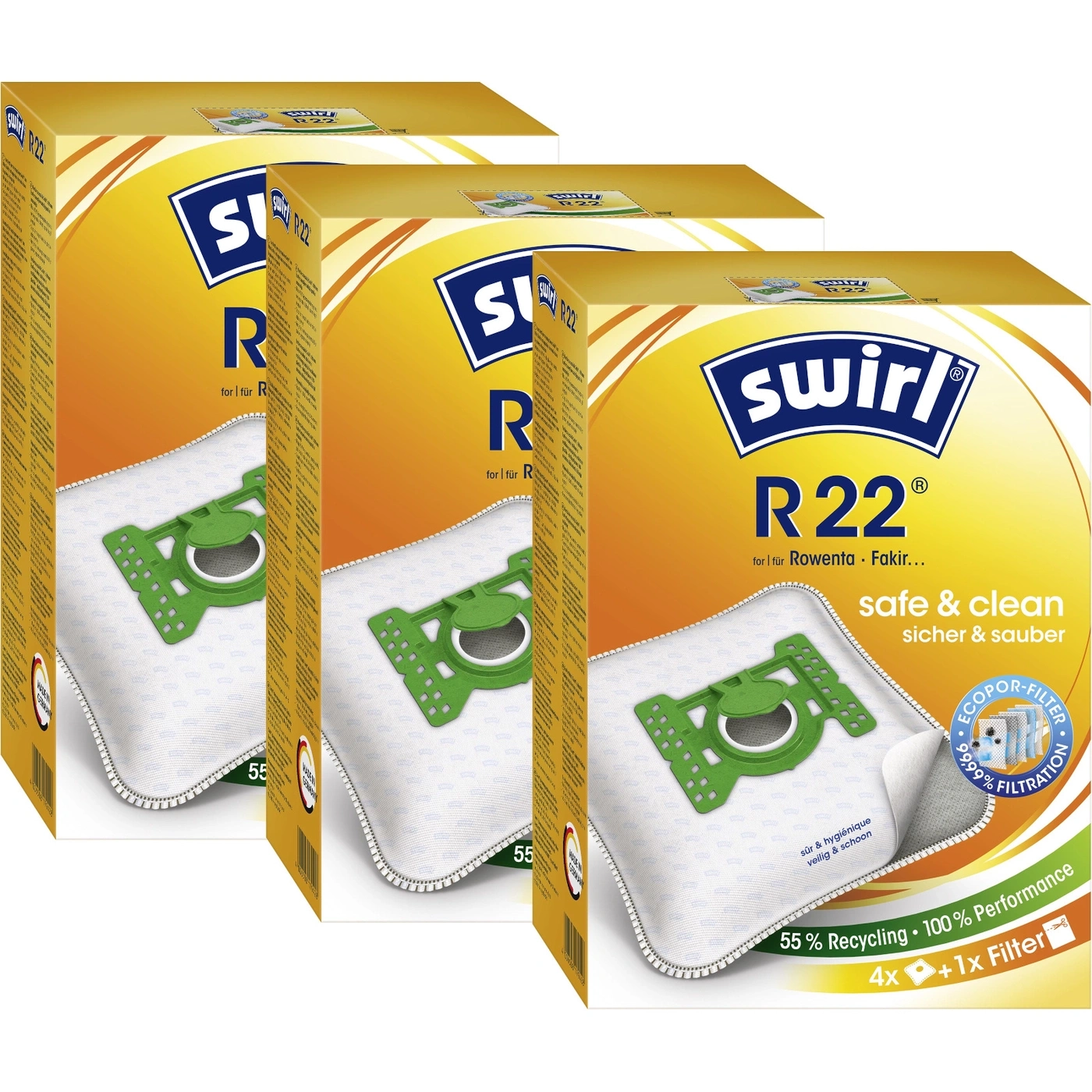 Swirl R22 Staubsaugerbeutel, 4x Beutel + 1x Filter, sicher und sauber, 55% Recycling