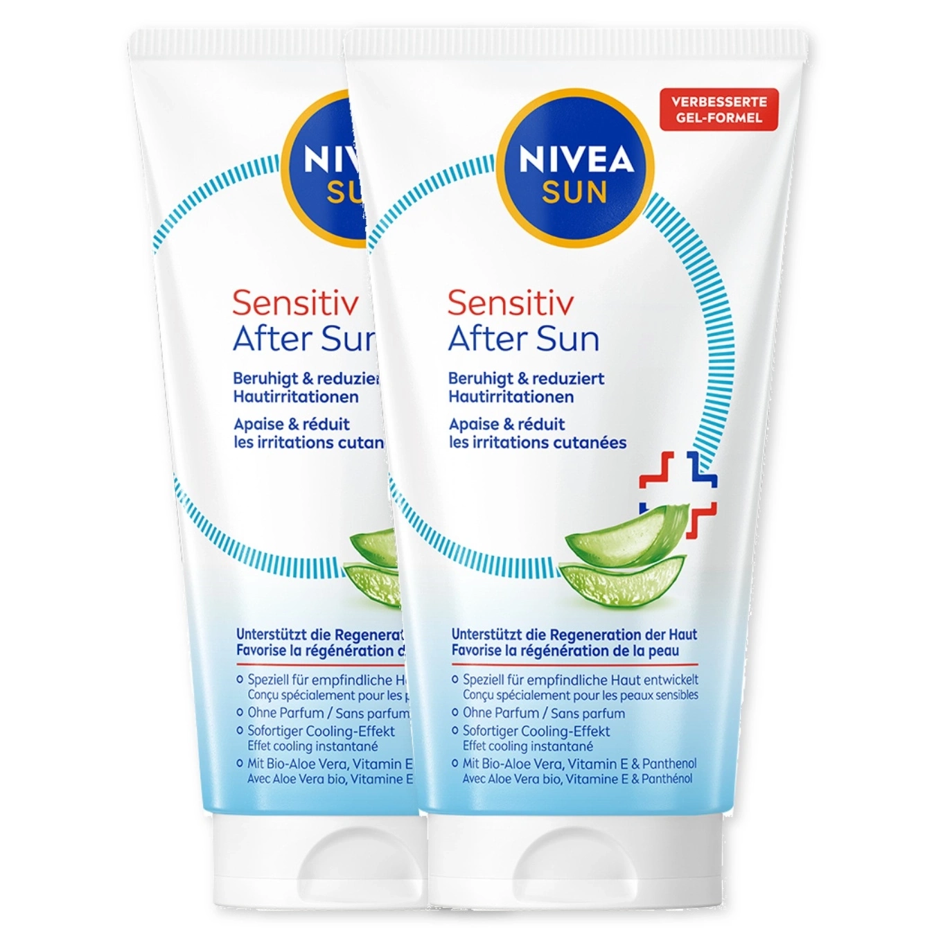 Zwei Tuben Nivea Sun Sensitiv After Sun, beruhigt und reduziert Hautirritationen.