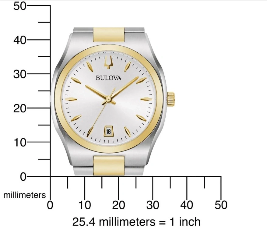 Bulova-Uhr mit goldfarbenen Akzenten und Datumsanzeige, silbernes Zifferblatt