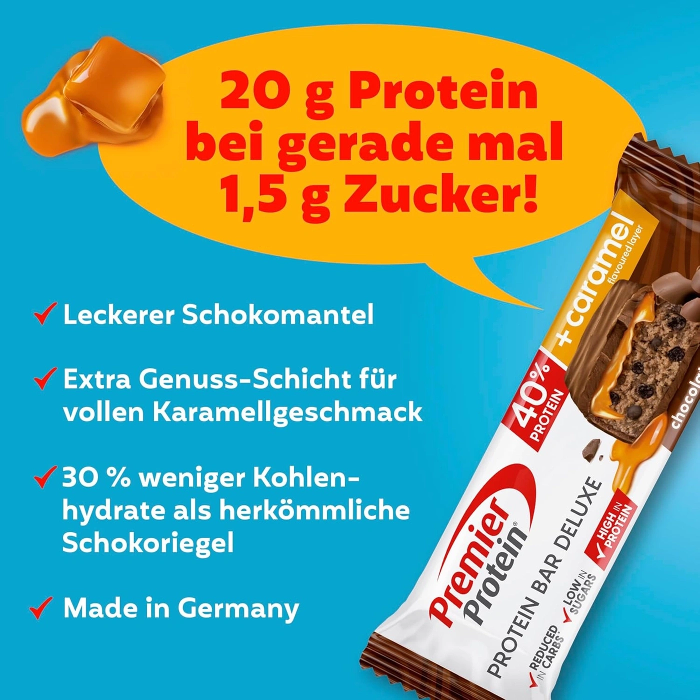 Premier Protein Riegel mit Karamellgeschmack und 20 g Protein bei 1,5 g Zucker.
