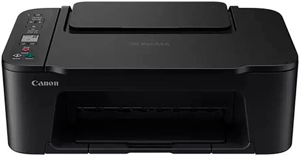 Schwarzer Canon Drucker mit Bedienfeld und Papierausgabe vorne