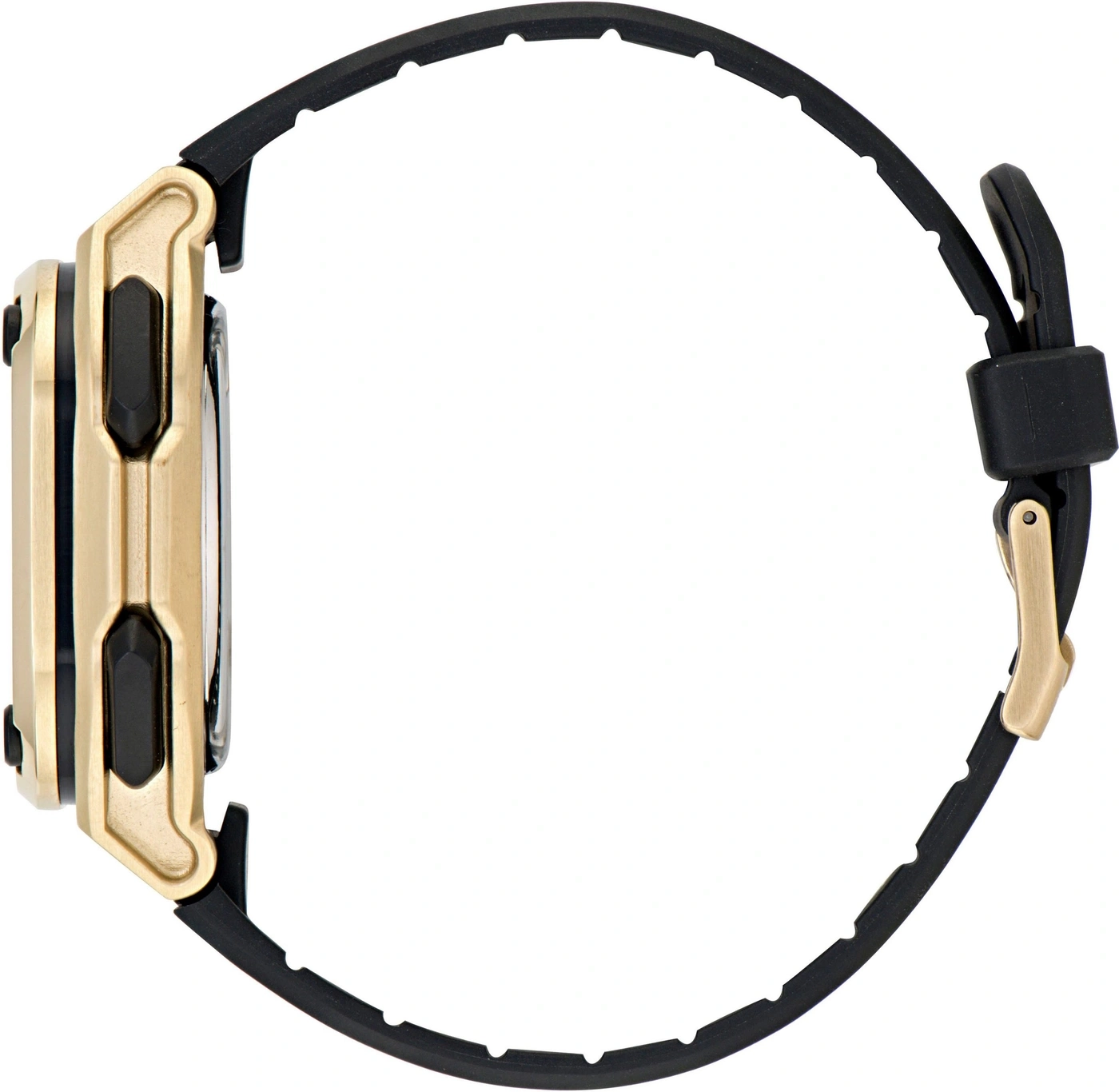 Goldene Digitaluhr mit schwarzem Armband, von der Seite betrachtet.
