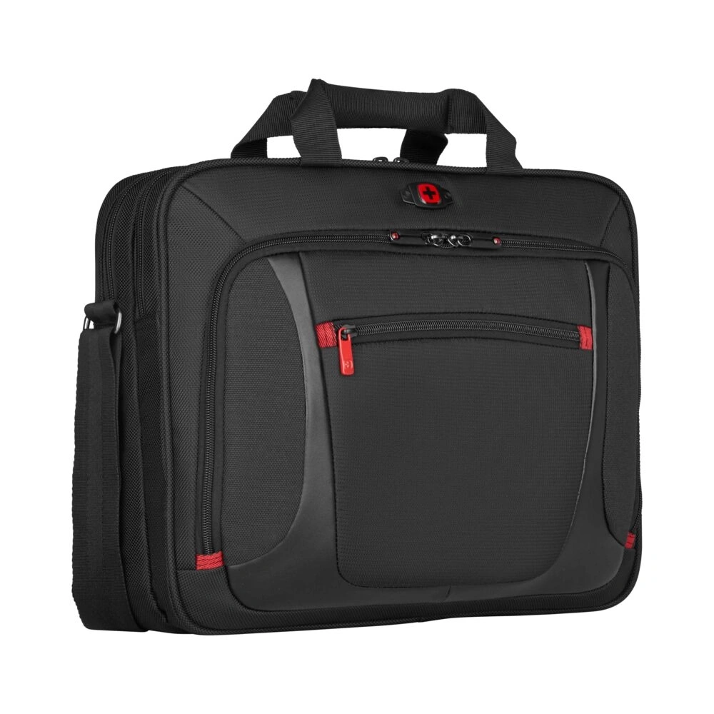 Schwarze Laptoptasche mit roten Akzenten und rotem Logo.