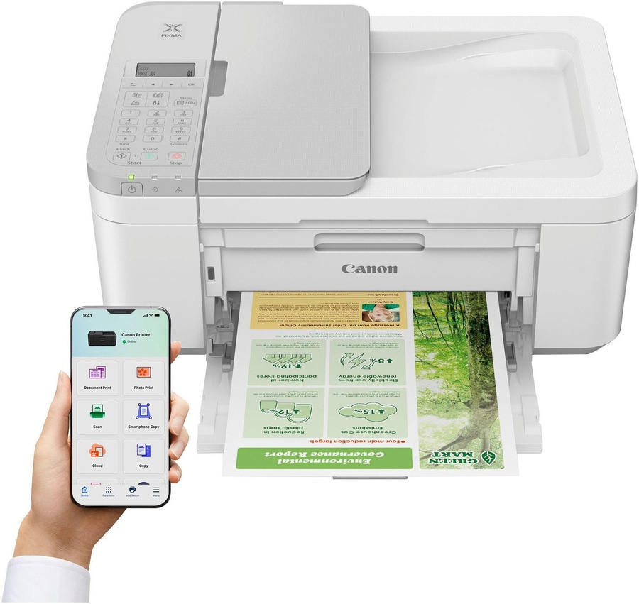 Canon-Drucker mit Smartphone-App, die verschiedene Druckoptionen anzeigt, und einem gedruckten Bericht.