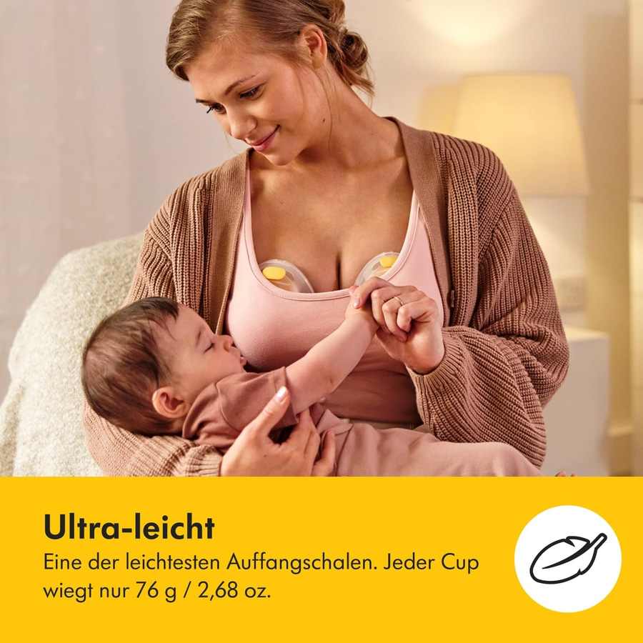 Mutter mit Baby, Brustwarzen-Auffangschalen, Text: Ultra-leicht, 76 g / 2,68 oz.