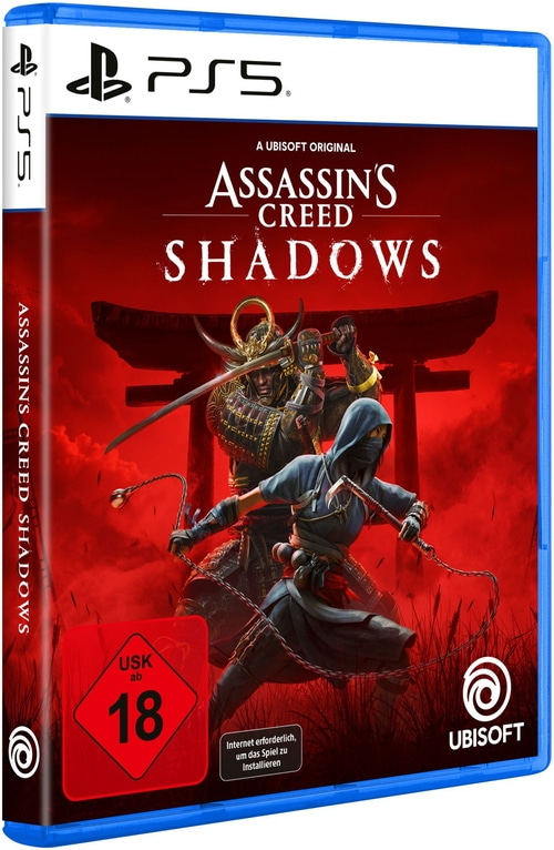 Assassin's Creed Shadows PS5 Spielcover mit USK 18 Logo und Ubisoft Logo