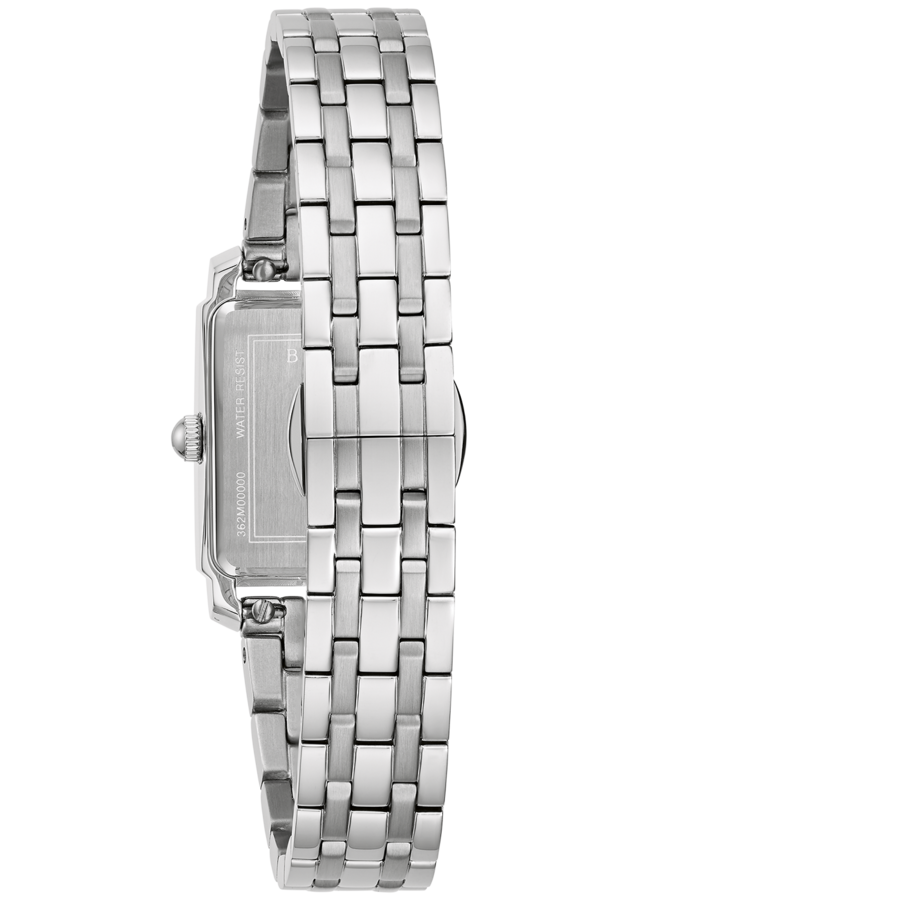 Silberne Armbanduhr mit rechteckigem Zifferblatt und Metallarmband, Nahaufnahme