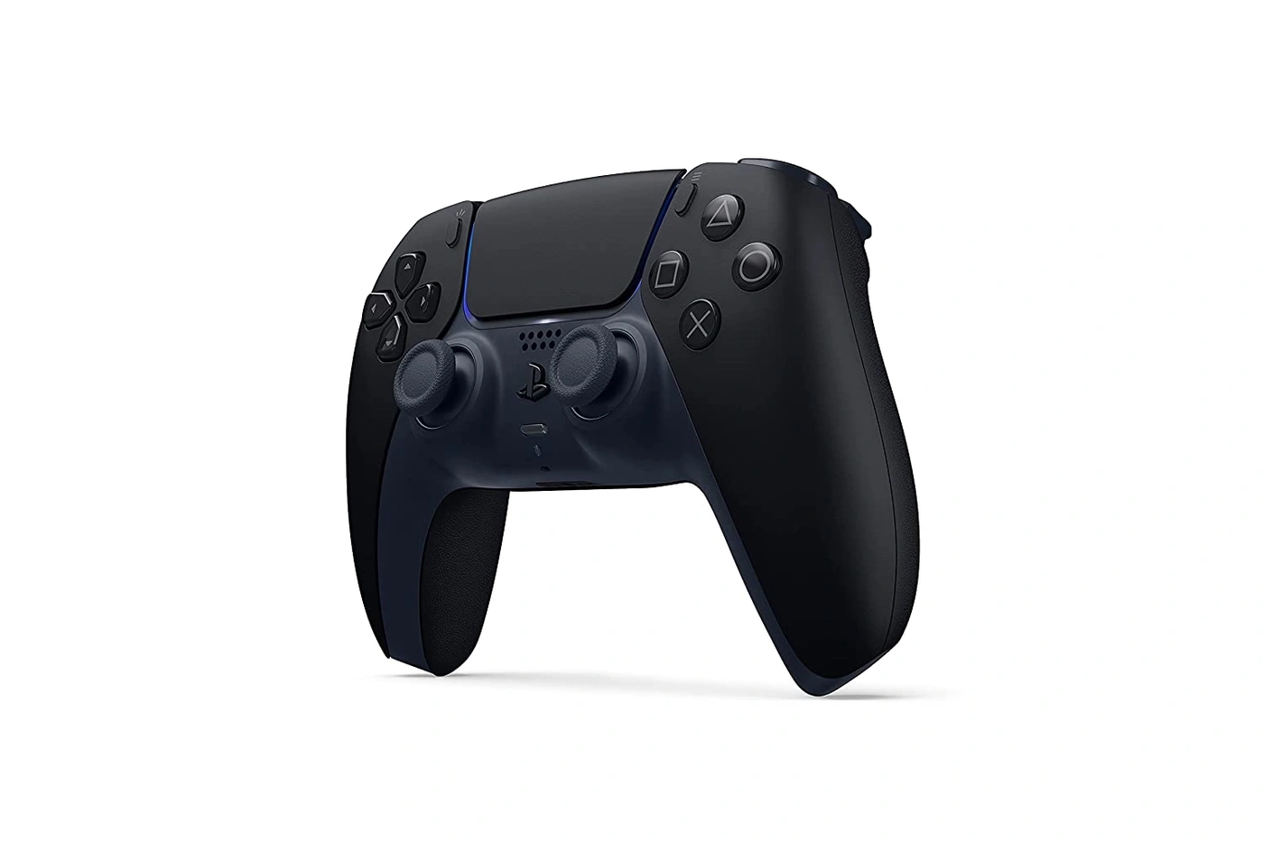 Schwarzer Playstation 5 DualSense-Controller, blau akzentuiert, isoliert auf Weiß