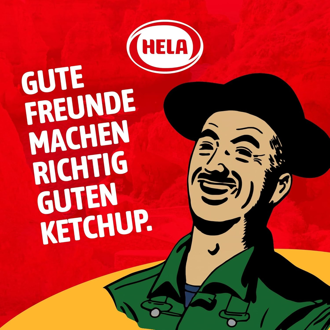 Mann mit Hut und Hela Ketchup Logo: Gute Freunde machen richtig guten Ketchup.