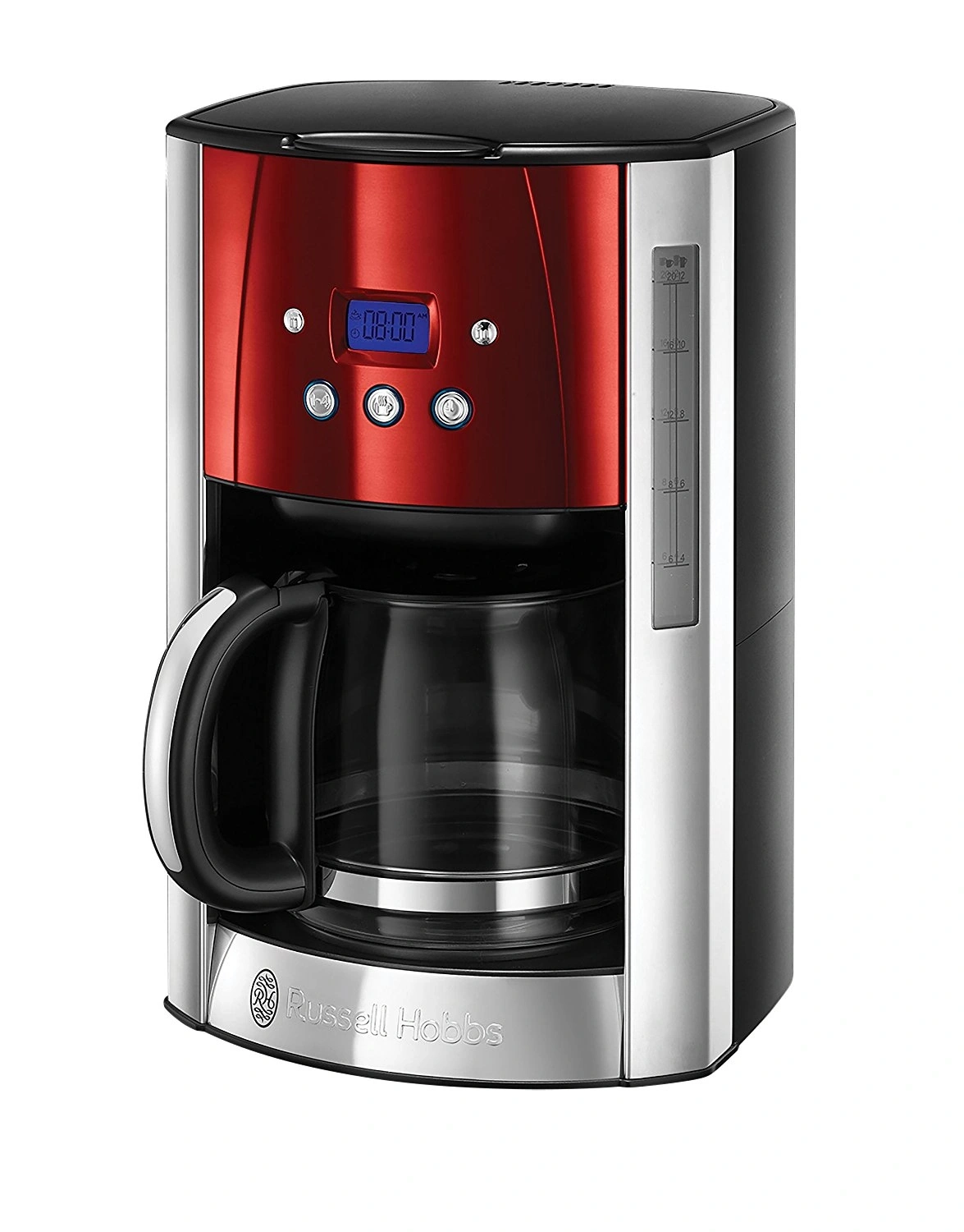 Kaffeemaschine von Russell Hobbs, rot und silber, mit digitaler Anzeige und Glaskanne