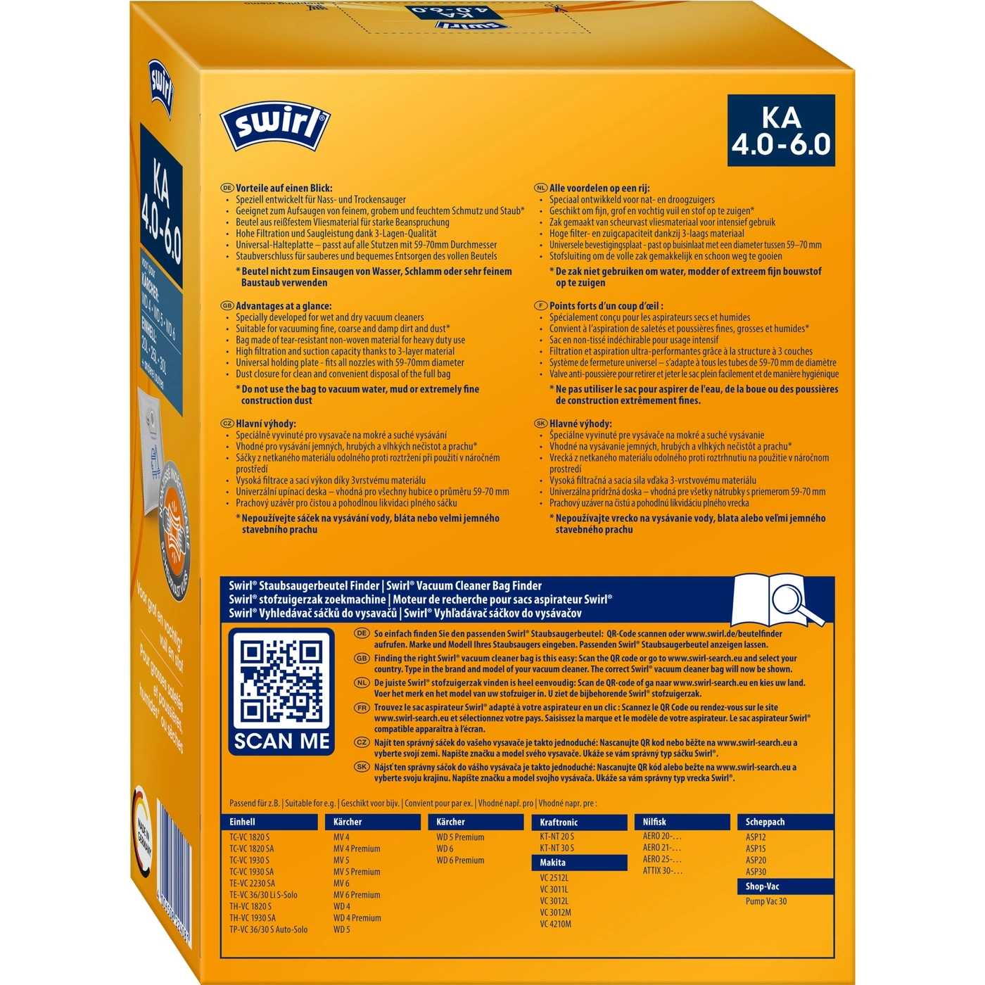 Swirl Staubsaugerbeutel Packung mit Produktinformationen und Kompatibilitätsliste für Staubsauger.