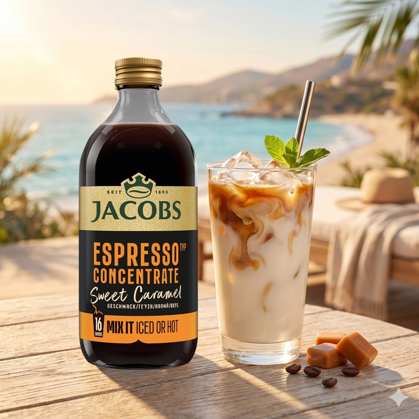 Jacobs Espresso Konzentrat "Sweet Caramel" am Strand mit Eisgetränk