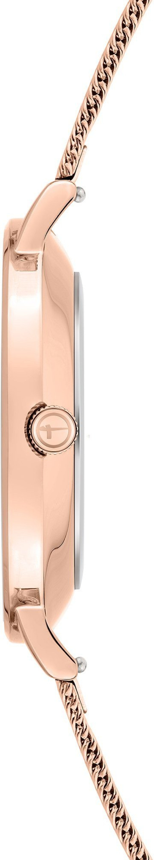 Nahaufnahme einer rosegoldfarbenen Uhr mit einem stilisierten Pfeil auf der Krone