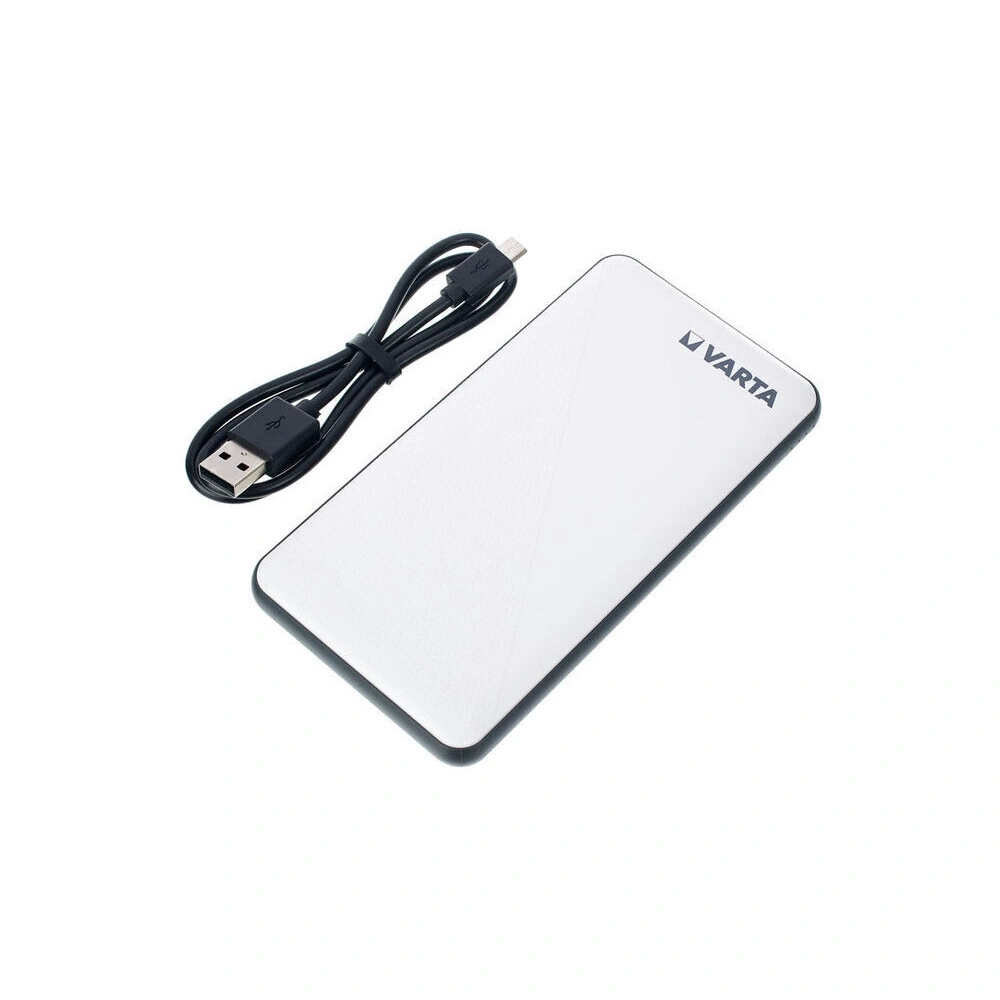 Varta externe Festplatte mit USB-Kabel, weißes Gehäuse, Logo, Technologie