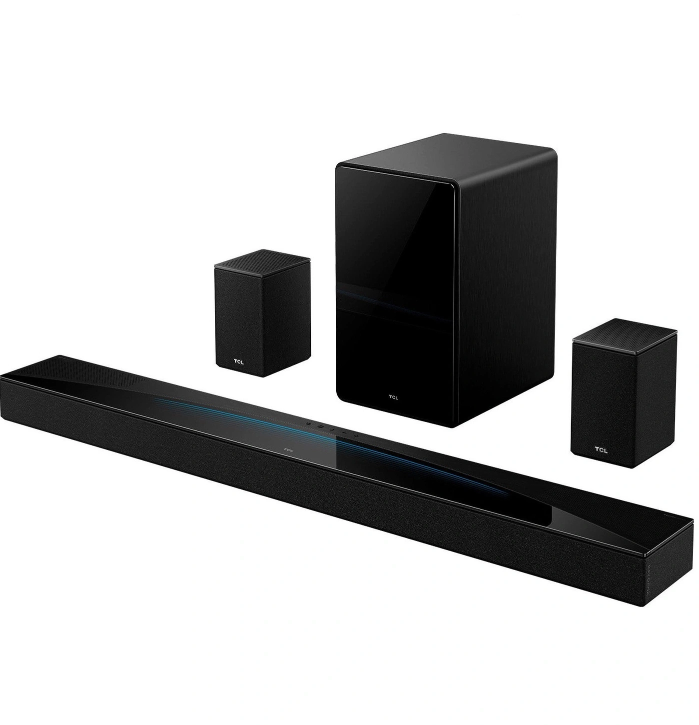 Eine TCL Soundbar, Subwoofer und zwei Satellitenlautsprecher