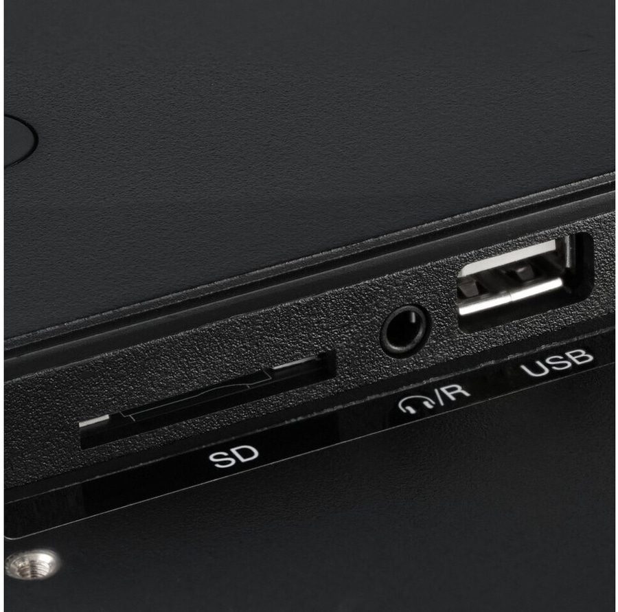 SD-Kartensteckplatz, Kopfhörerbuchse, USB-Anschluss und Beschriftungen.