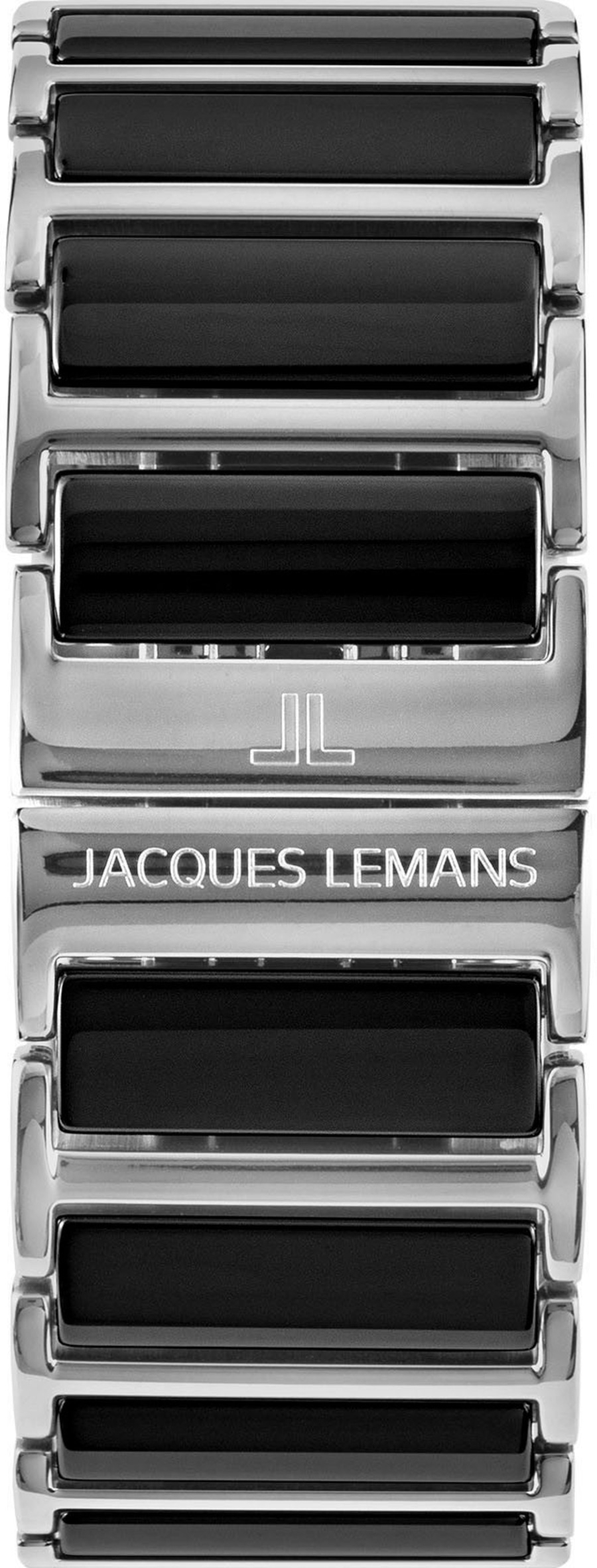Edelstahlarmband einer Jacques Lemans Uhr mit schwarzem Einsatz. Das Band zeigt das Markenlogo JL und den Namen Jacques Lemans.