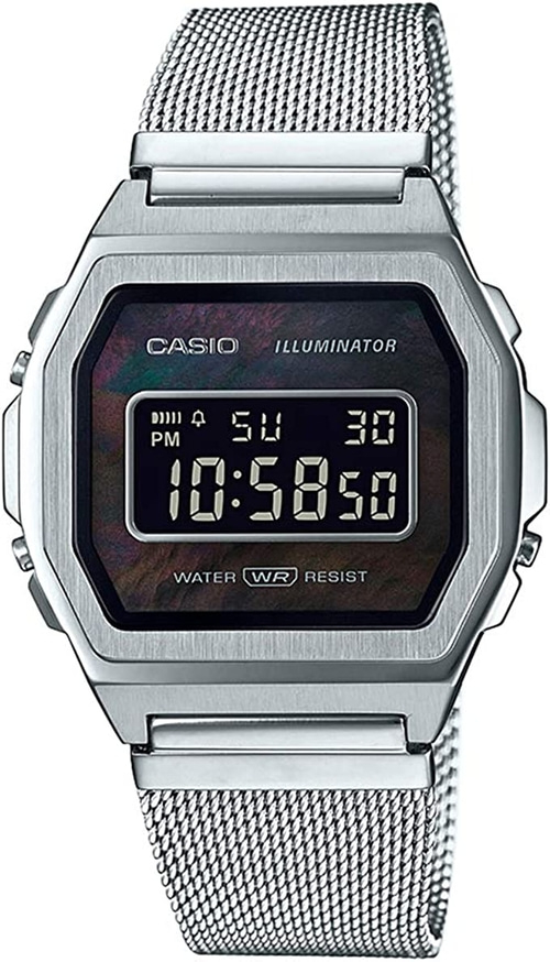 Silberne Casio Uhr mit digitalem Display und Mesh-Armband, beleuchtet, wasserdicht