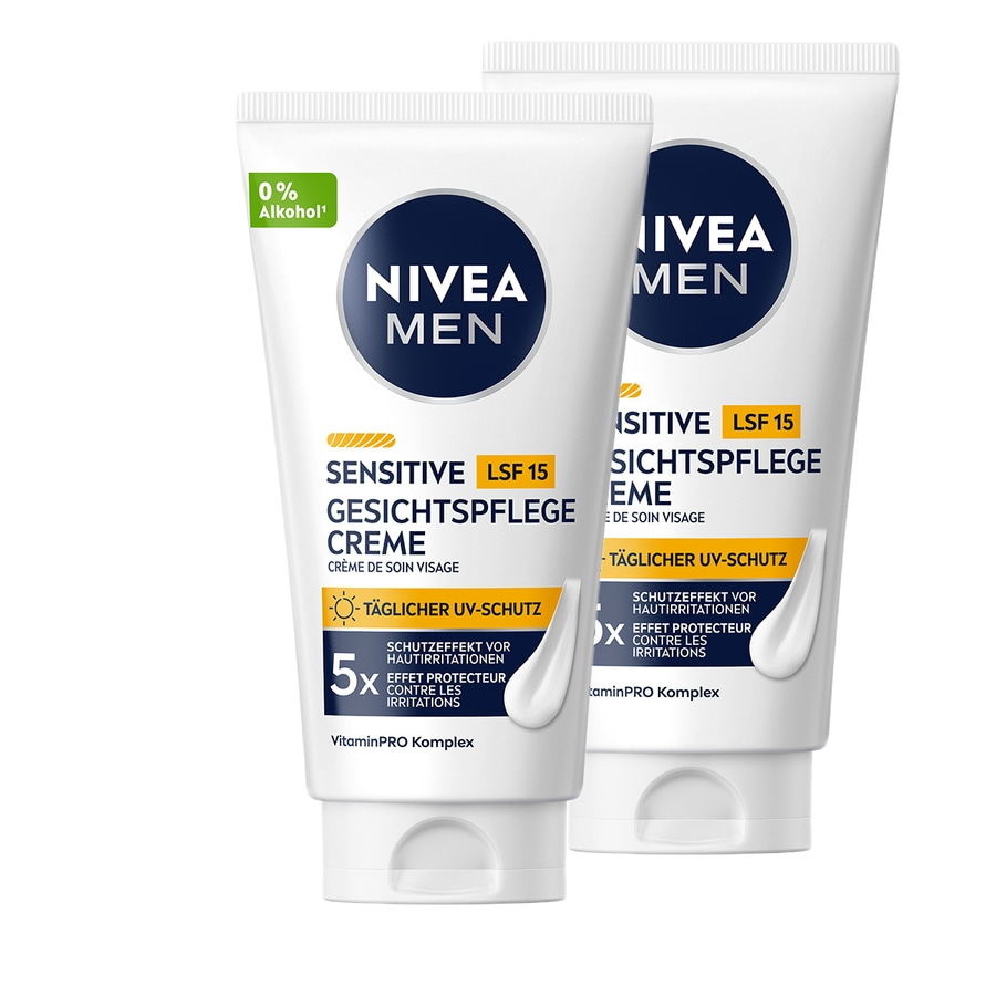 Zwei Nivea Men Gesichtscremes mit LSF 15 für empfindliche Haut.