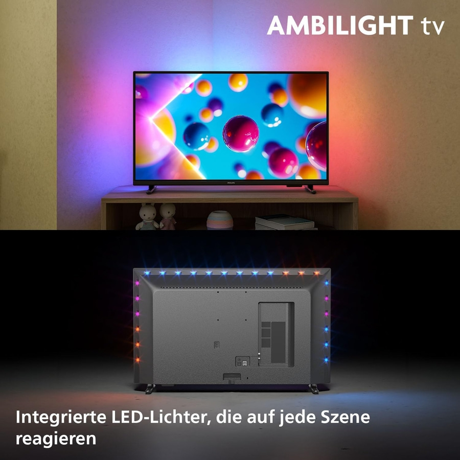 Ein Fernseher mit Ambilight-Technologie und integrierten LED-Lichtern, die auf jede Szene reagieren.