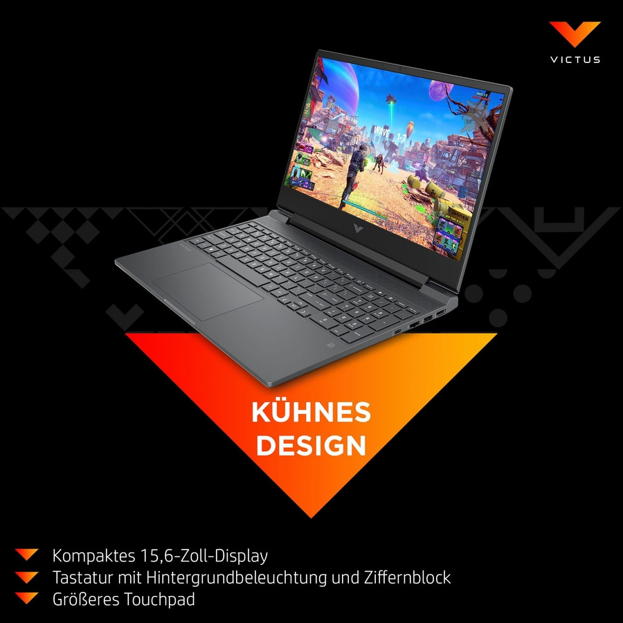 Laptop mit Gaming-Display, Tastatur und Touchpad. Kühnes Design. Kompaktes 15,6-Zoll-Display.