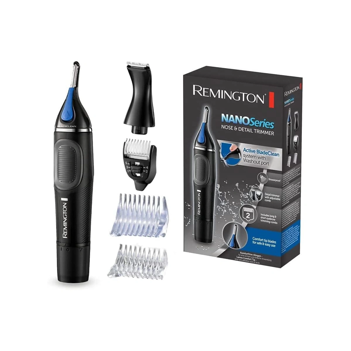 Remington NANO Series Nasen- und Detailtrimmer mit Zubehör und Verpackung