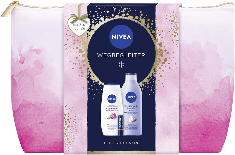NIVEA Wegbegleiter Geschenkset Oil Pflegedusche Soft Milk Labello Kulturbeutel