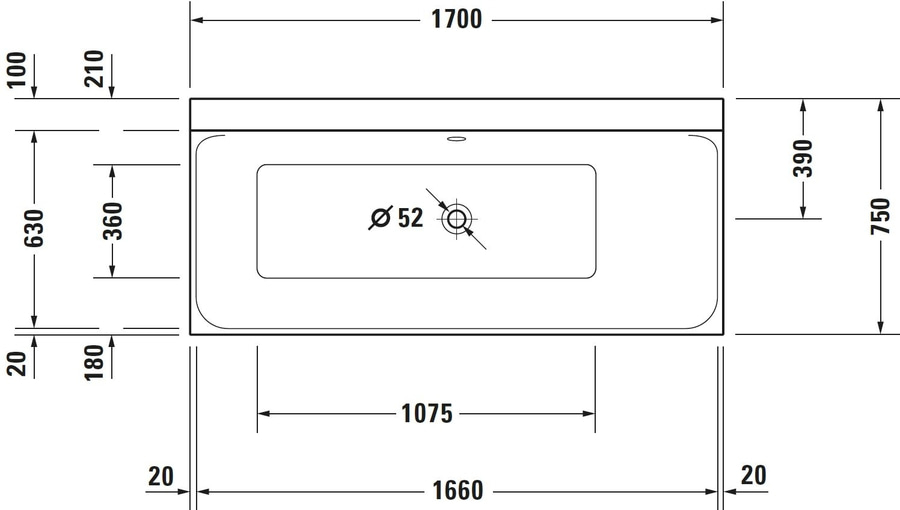 Badezimmer-Waschbecken mit Abmessungen: 1700, 1660, 1075, 750, 630, 390, 360, 210, 180, 100, 52, 20.