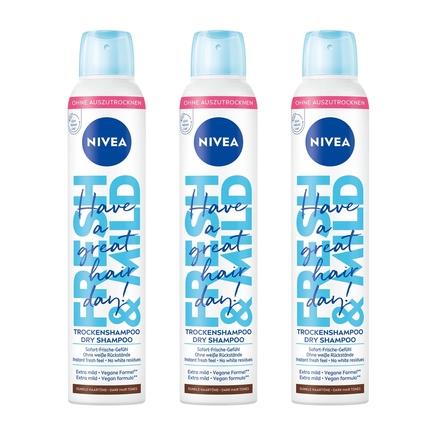 Drei Nivea Trockenshampoo-Flaschen mit der Aufschrift 'Have a great hair day!'