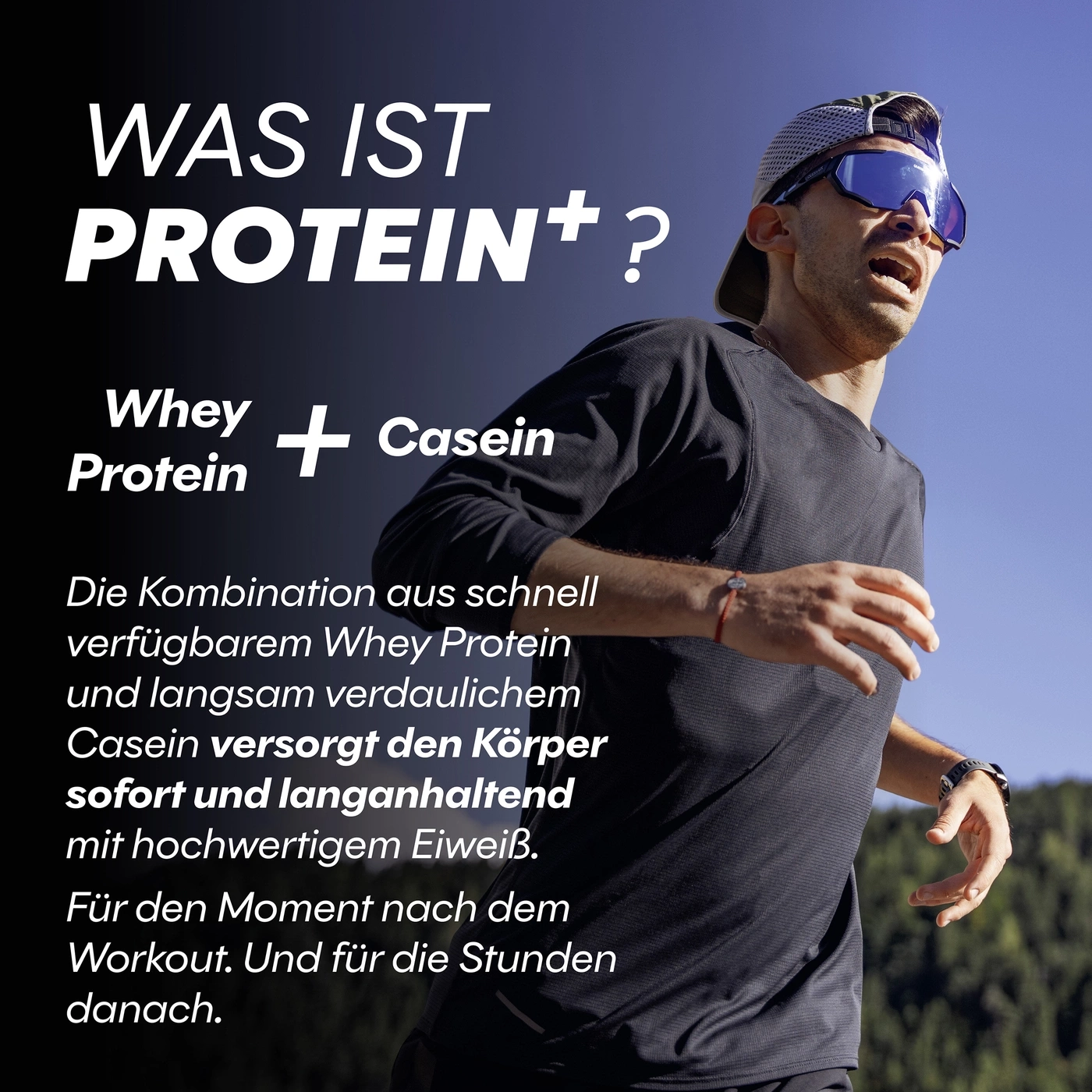 Läufer mit Proteinshake-Werbung für Whey und Casein.