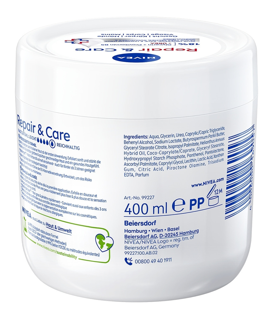 NIVEA Repair & Care Body Cream in a white tub with blue and red lettering