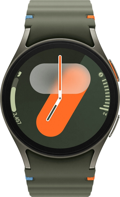Smartwatch mit grünem Zifferblatt und orangefarbenen Akzenten, Nahaufnahme