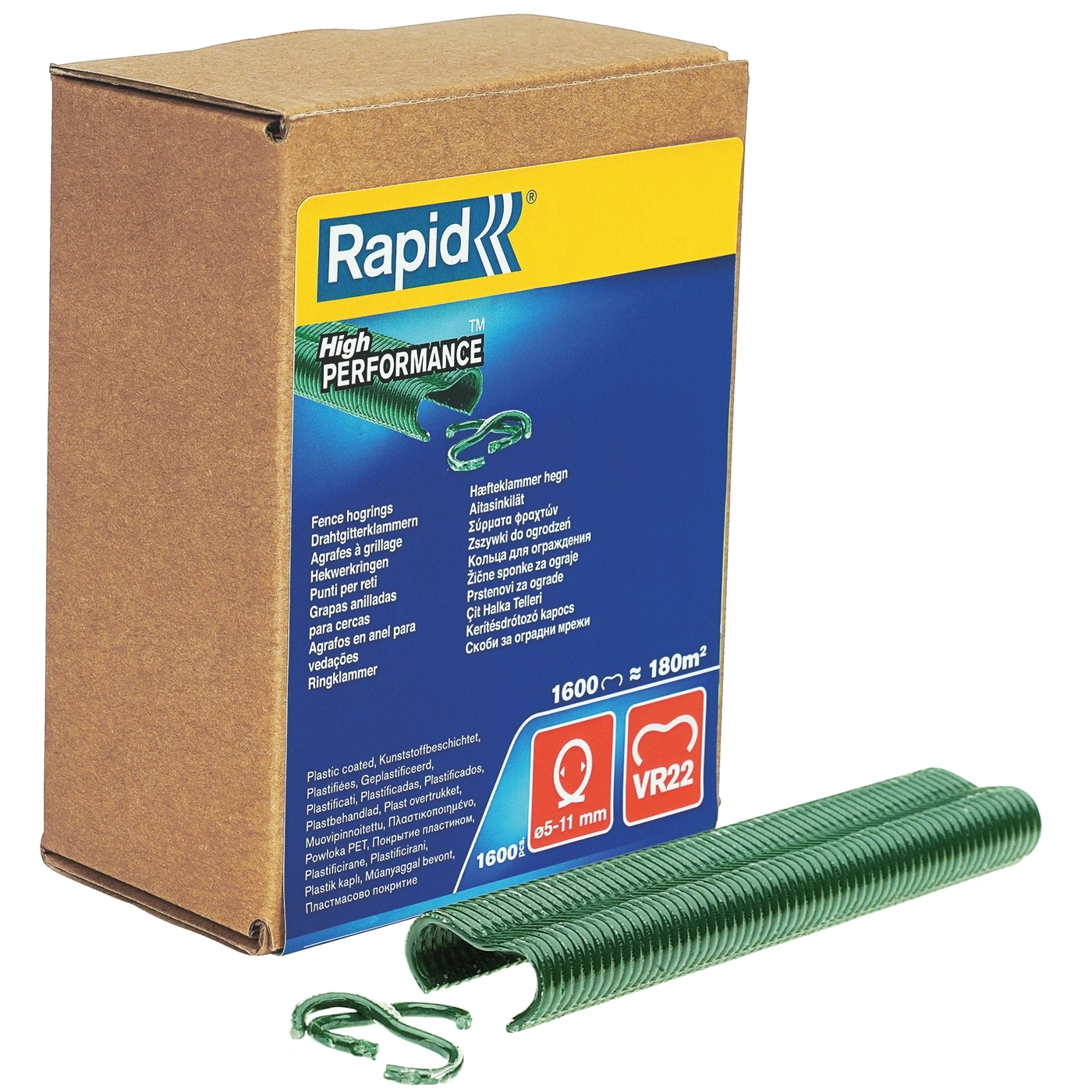 Grüne Drahtklammern für Zäune auf Kartonverpackung
