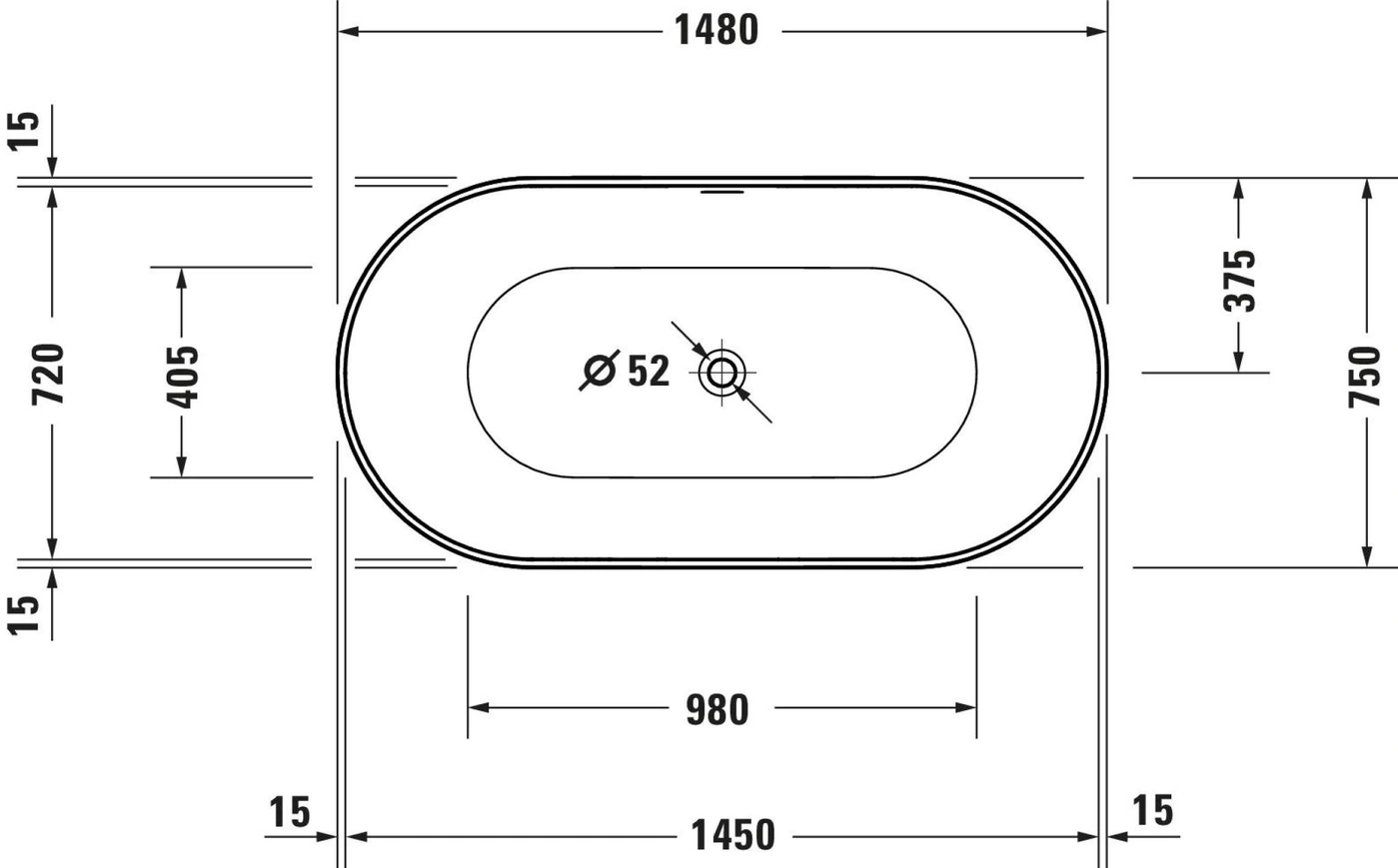 Badewanne mit Maßen: 1480, 750, 720, 980, 405, 52, 15, 1450, 375.