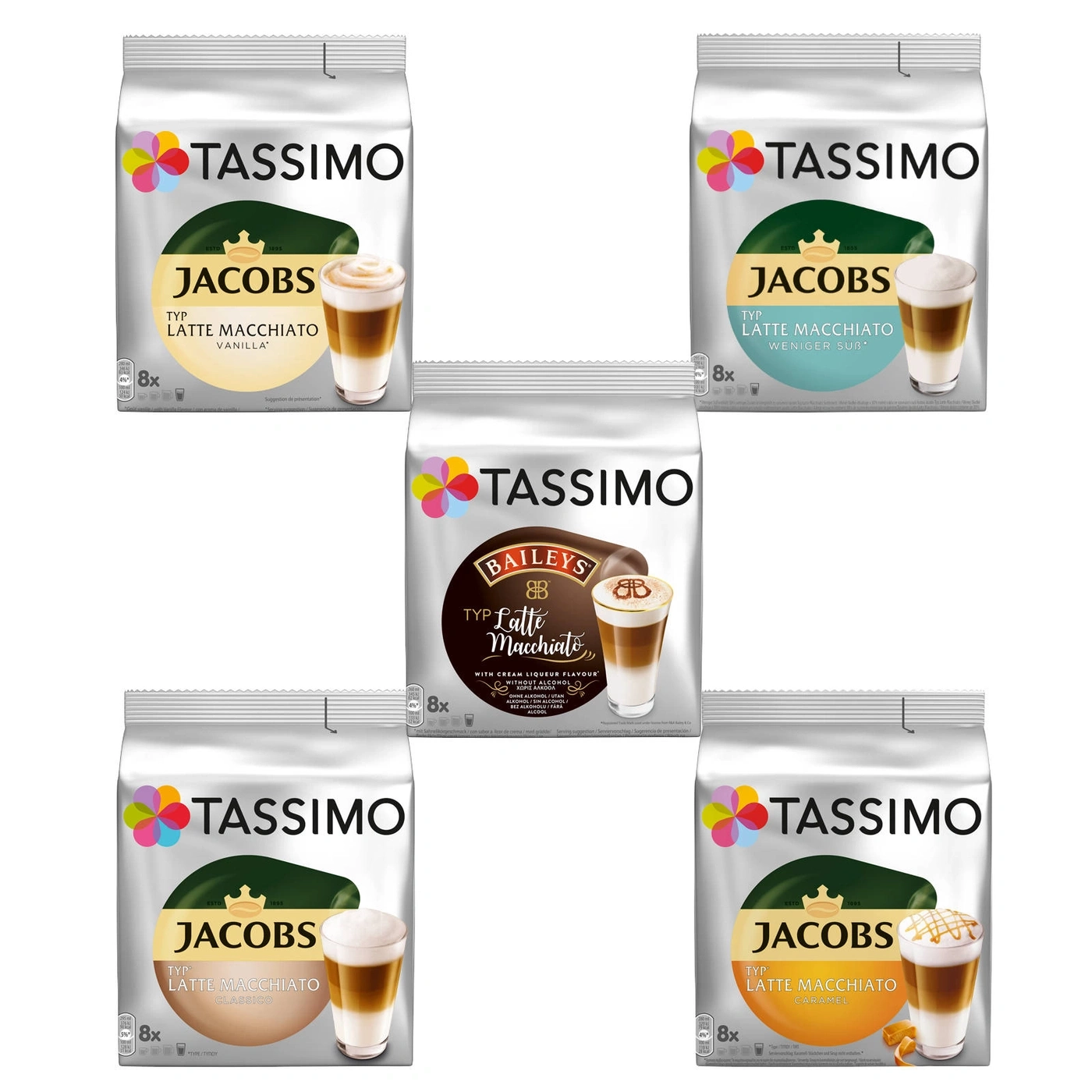Tassimo Jacobs Latte Macchiato: Vanilla, Weniger Süß, Classico, Caramel, Baileys