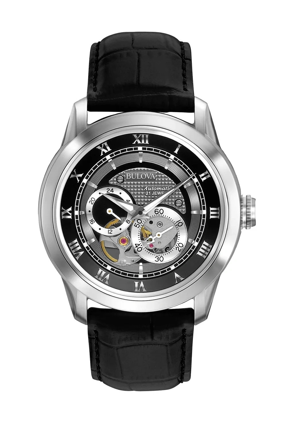 Eine silberne Bulova Automatikuhr mit schwarzem Lederarmband und skelettiertem Zifferblatt.