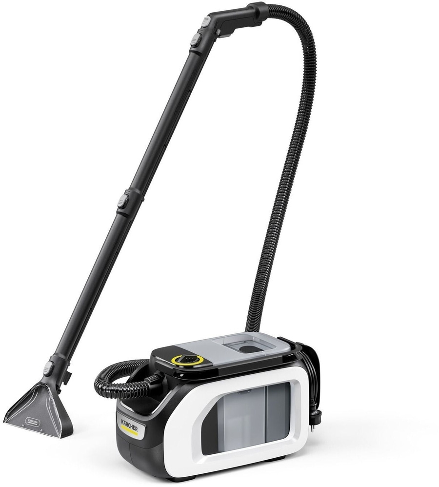 Kärcher-Teppichreiniger, schwarz-weiß, mit Schlauch und Düse, sauber