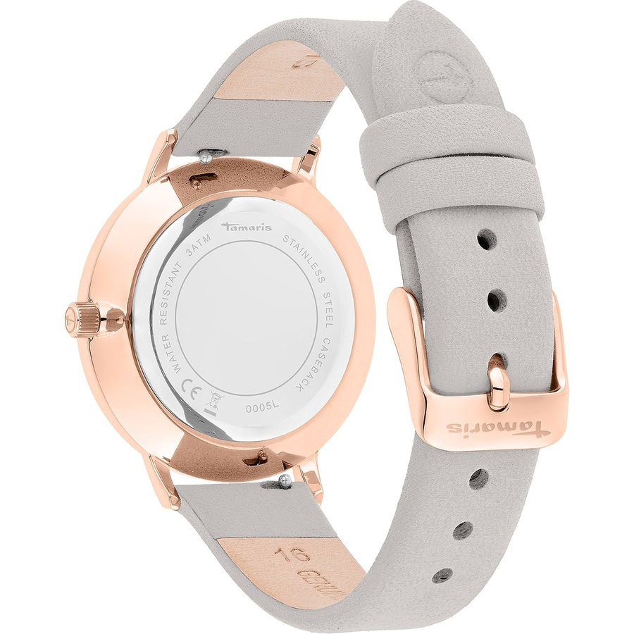 Eine graue Tamaris-Uhr mit roséfarbenem Gehäuse und Lederarmband