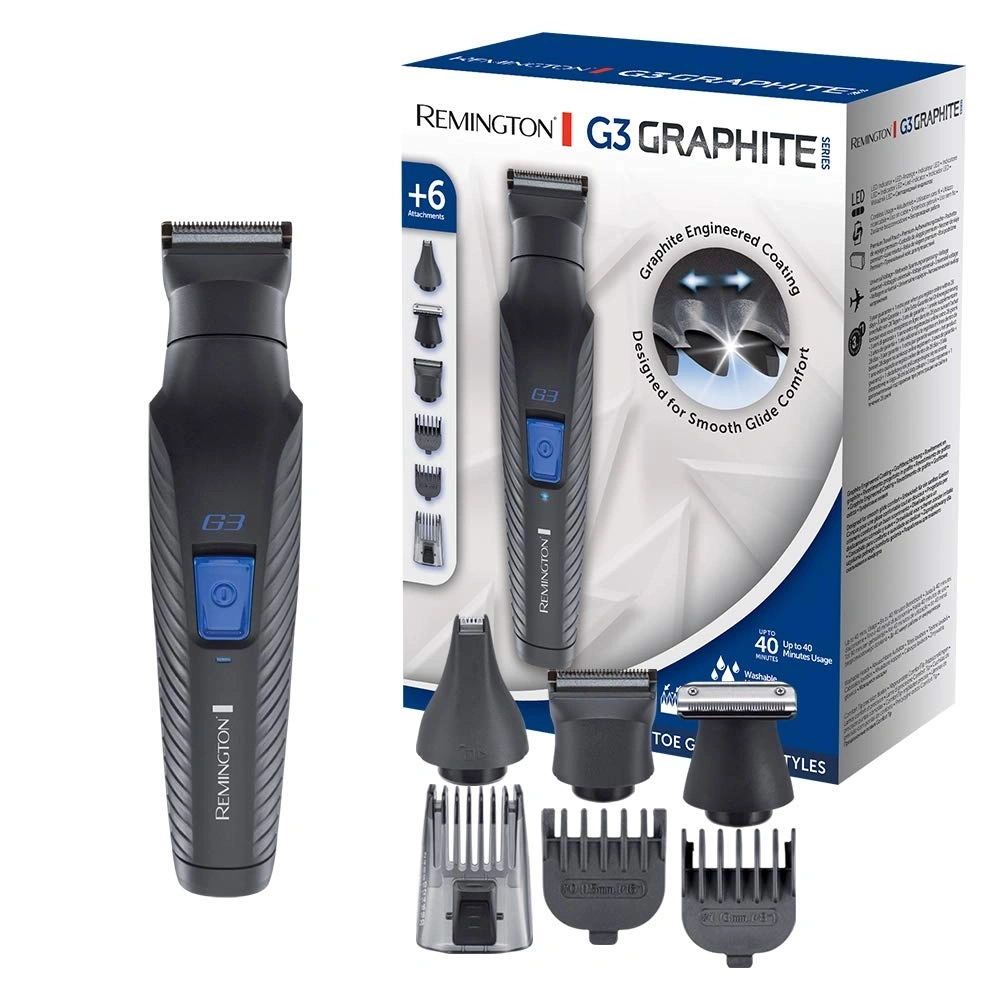 Remington G3 Graphite Trimmer mit Zubehör und Verpackung. Für glatte Rasur.