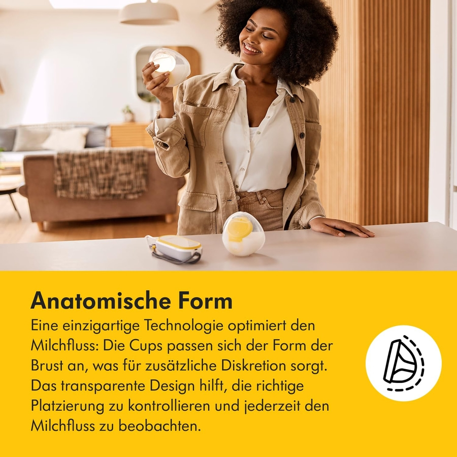 Frau mit Milchfluss-Cups, anatomische Form, transparente Design, Diskretion, Milchfluss beobachten.