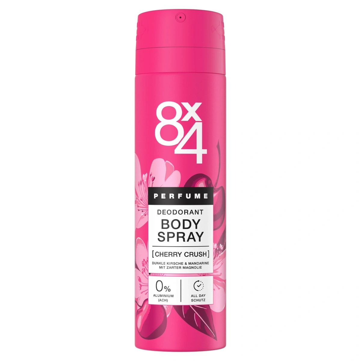 Ein rosa Deospray mit "8x4" Aufdruck und Kirsch-Motiv
