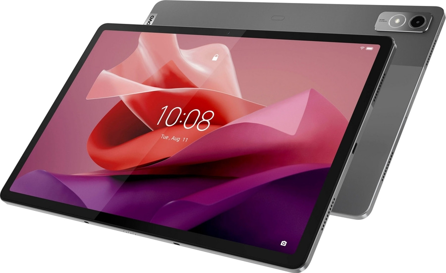 Graues Tablet mit pinkfarbenem Bildschirm, Uhrzeit 10:08, Lenovo-Logo, 8MP Kamera.