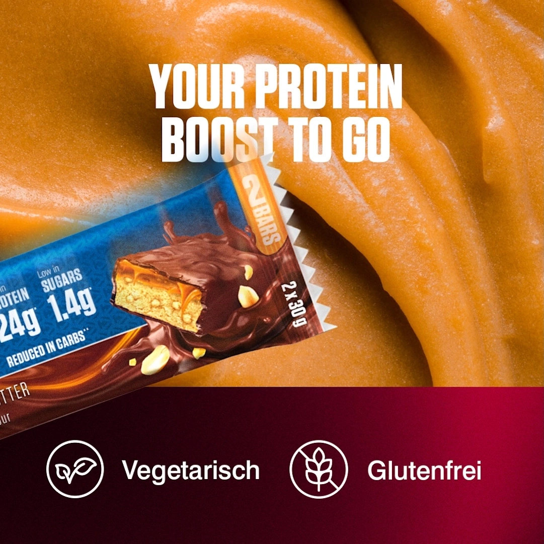 Proteinriegel mit der Aufschrift "YOUR PROTEIN BOOST TO GO"