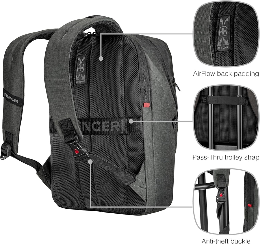 Wenger Rucksack mit AirFlow, Trolley-Gurt und Diebstahlschutz-Schnalle.