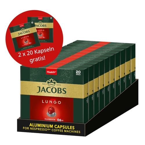 JACOBS Kapseln Lungo 6 Classico 10x 20 = 200 Nespresso®* kompatibel +2x20 gratis