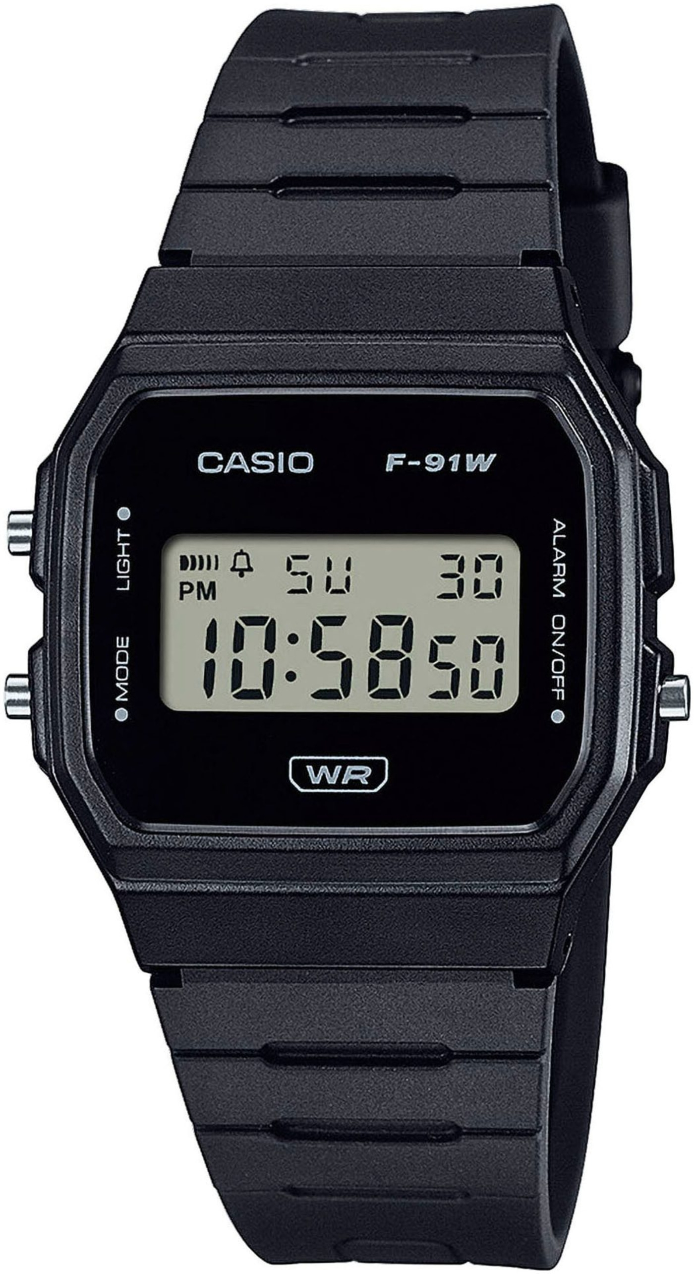Schwarze Casio F-91W Uhr mit digitaler Anzeige, Zeit und Datum.