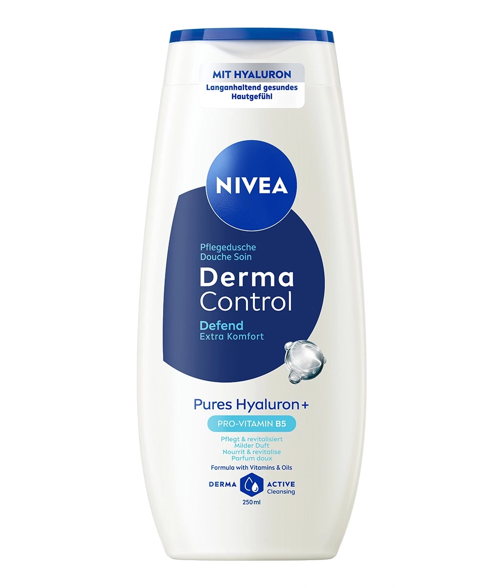 Eine weiße NIVEA Duschgelflasche mit blauen Akzenten und der Aufschrift "Derma Control".