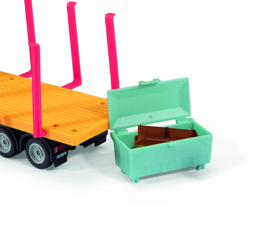 Spielzeug-LKW mit gelber Ladefläche und roter Stützen, daneben eine blaue Kiste mit Inhalt.